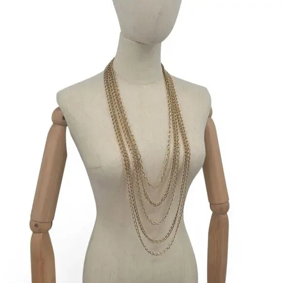 Crown Trifari Multi Strand Chain Statement Necklace Gold Tone 5 Chains Vintage - Picture 8 of 10